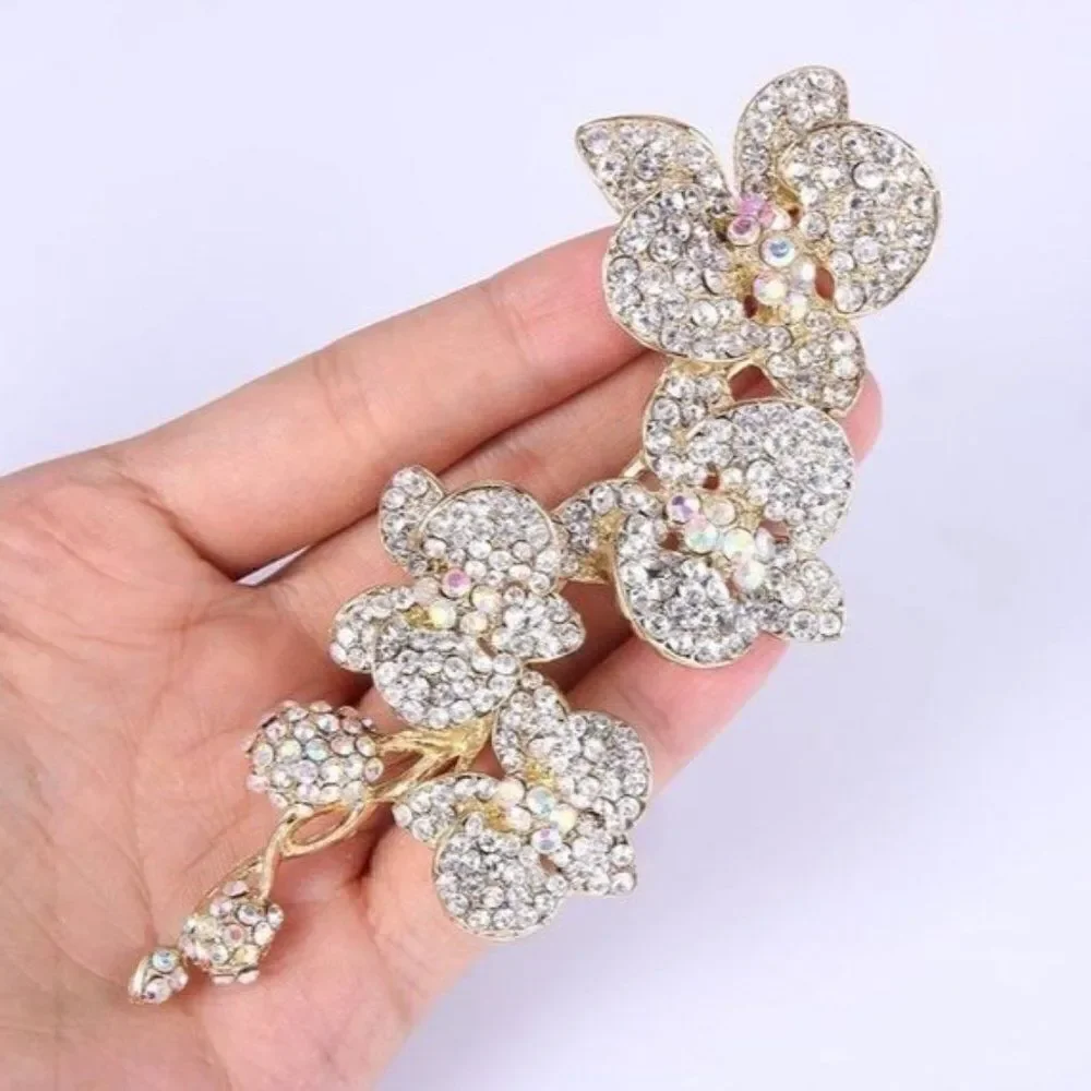 Long Yellow Gold with White Diamond Austrian Crystal Orchid Flower Brooch